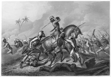 La colonna di Havelock attacca i ribelli prima di Cawnpoor, 1857, c1860