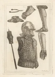 Elmo e brigantina, schiniere di ferro, guanto appartenente a Giovanni di Gaunt, guanto di ferro, gorgera, mazza di ferro, sperone antico di ferro