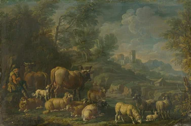 Pastore con il suo gregge in paesaggio romantico