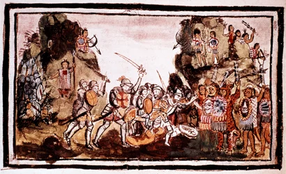 Hernando Cortes Cortez 1485-1547, conquistatore spagnolo, che attacca i nativi in Messico