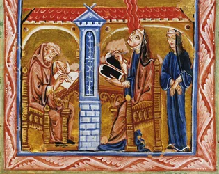 Ildegarda riceve una visione alla presenza del suo segretario Volmar e della sua confidente Richardis
