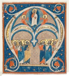 Iniziale istoriata A ritagliata da un responsoriale: Cristo in maestà con santi, c. 1280-1300