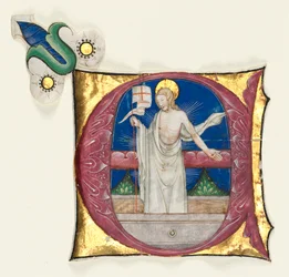 Iniziale istoriate E ritagliata da un antifonario: Cristo risorto nella tomba