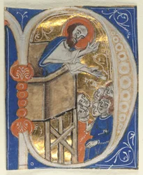 Iniziale istoriata ritagliata da una Bibbia: San Paolo predica, 1200
