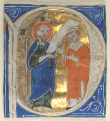 Iniziale istoriata ritagliata da una Bibbia: San Paolo e un chierico, 1200