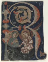 Iniziale istoriata R ritagliata da un Graduale: Le tre Marie al sepolcro, c. 1200-1230