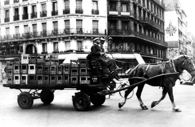 Carro trainato da cavalli che trasporta casse di bevande, Parigi occupata dai tedeschi, luglio 1940