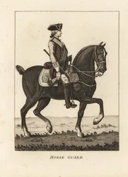 Guardia a cavallo, in uniforme militare con tricorno, moschetto