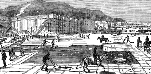 Raccolta di ghiaccio sul fiume Hudson vicino a New York, USA, 1875