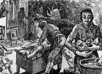 A Peyrebeille in Ardeche, locanda rossa famosa per i crimini commessi dal 1807 al 1833, qui, dopo aver smembrato le loro vittime, i Martins e il loro servo Jean Rochette le mettono nel forno (incisione)