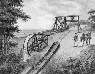 Piano inclinato alimentato da ruota idraulica utilizzato su un canale, 1796