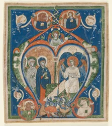 Iniziale A [ngelus Domini descendit] da un antifonario: Le tre Marie al sepolcro, c1280-1300
