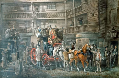 Cortile della locanda con diligenza in partenza, c1840