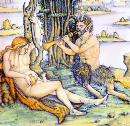 Piatto di terracotta italiana che mostra la famiglia del satiro dopo Durer