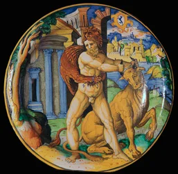 Piatto in terracotta italiana con immagine di Ercole e il toro cretese, XVI secolo