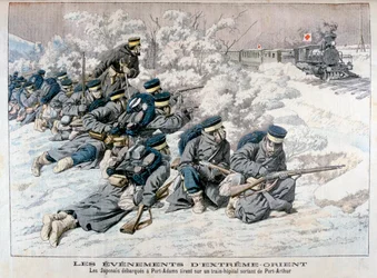 Attacco giapponese a un treno ospedale vicino a Port Arthur, Manciuria, Guerra russo-giapponese, 1904
