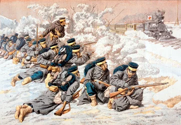 Giapponesi che sparano su un treno della Croce Rossa russa, Guerra russo-giapponese, 1904