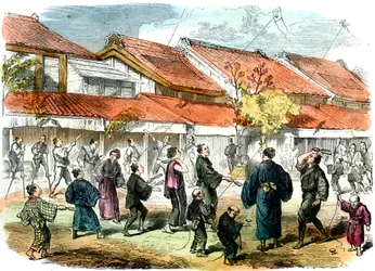 Gioco giapponese di racchetta e volano nelle strade di Yokohama, 1865