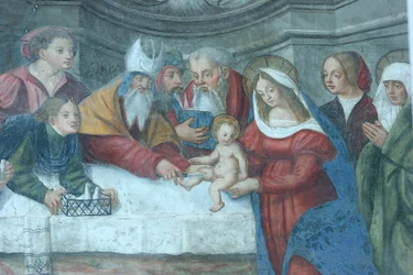 Gesù al tempio affresco sulla porta della cattedrale di Santa Maria, Aosta, Italia