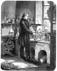 Justus von Liebig, chimico tedesco, al lavoro nel suo laboratorio, metà XIX secolo c1885