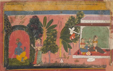 Kama mira il suo arco a Radha: Pagina da un Gita Govinda disperso Amori di Krishna, ca. 1695