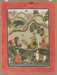Kanhara Ragini: Canzone di ispirazione a Krishna per uccidere il demone elefante..., c. 1760