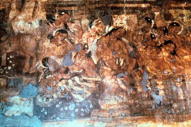 Re Mahajanaka che ascolta la regina Vivali, affresco della grotta di Ajanta, India, I-V secolo d.C.