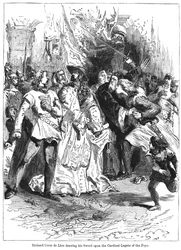 Re Riccardo I 1157-1199 che sguaina la spada contro il legato cardinalizio del Papa