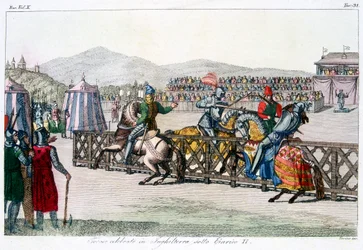 Cavalieri che giostrano in un torneo, 12° secolo, c1815