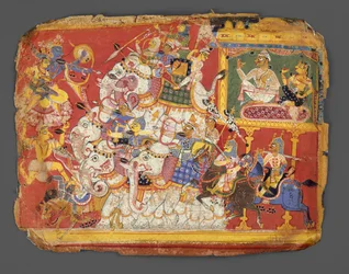 Krishna combatte gli eserciti del demone Naraka: Pagina da un manoscritto del Bhagavata Purana, ca. 1540