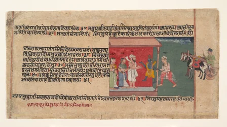 Krishna porta il messaggero Akrura dentro la casa di Nanda, ca. 1620-30