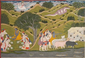 Krishna ritorna con i pastori a Braj, da un Bhagavata Purana