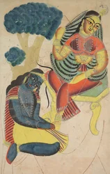 Krishna che accarezza i piedi di Radha