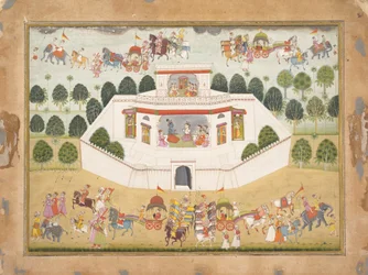 Krishna e Balarama in un palazzo murato: Pagina da un Bhagavata Purana disperso..., ca. 1700