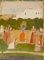 Krishna accanto a un fiume che suona il flauto, c1720