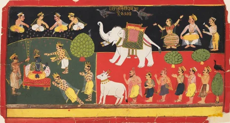 Krishna venerato da Indra che arriva su un elefante bianco, c1720