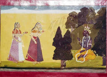 Krishna con flauto, avvicinato da due donne