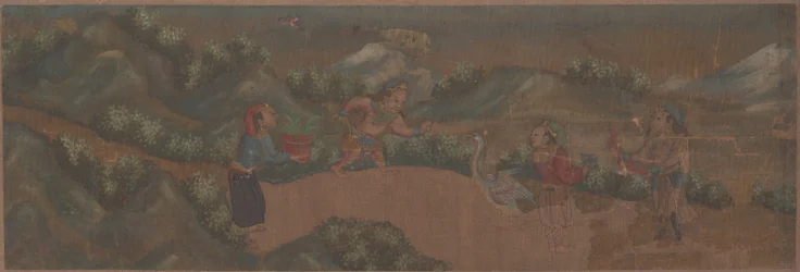 Dipinto di paesaggio con figura in ambientazione boschiva