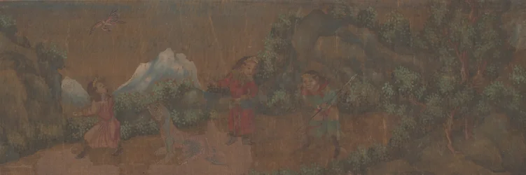 Dipinto di paesaggio con figura in ambientazione boschiva