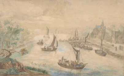 Paesaggio con fiume al centro, con traghetto, XVIII secolo