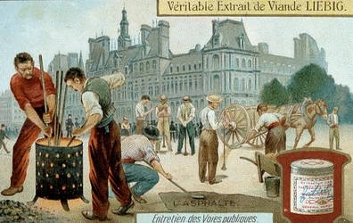 Posa di una superficie a base di asfalto in una strada di Parigi, c1900