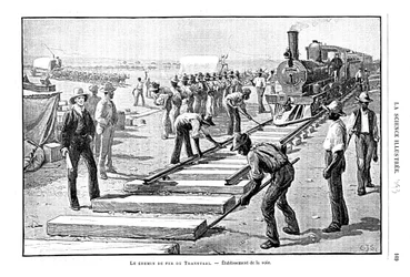 Posa di traversine e binari sulla Ferrovia del Transvaal, Sudafrica, 1893