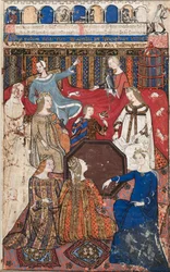 Foglia da un Trattato di Cocharelli sui Vizi: Accidia e la Sua Corte, c. 1330-40