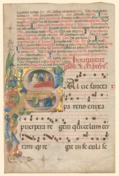 Foglio da un Graduale: Iniziale istoriata S[alve Sancta Parens] con Nascita della Vergine (recto)