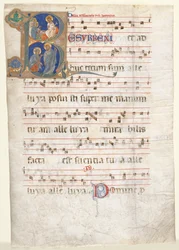 Foglio da un Graduale: Iniziale R con le Tre Marie al Sepolcro e Noli me Tangere, c. 1270-130