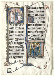Foglio di un messale con due iniziali istoriate: Iniziale P[er omnia saecula saeculorum]..., c. 1300