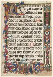 Foglio da un Salterio con Bordo Completo con Medaglioni Annunciazione, SS. Girolamo, Chiara..., 1475