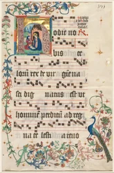 Foglia da un Antifonario: Iniziale H con la Natività recto e Testo verso, c. 1480