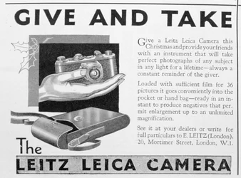 Pubblicità della fotocamera Leitz Leica, fine anni 