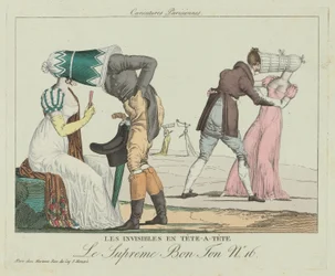 Les Invisibles en tête-à-tête con cappelli a punta, c. 1805